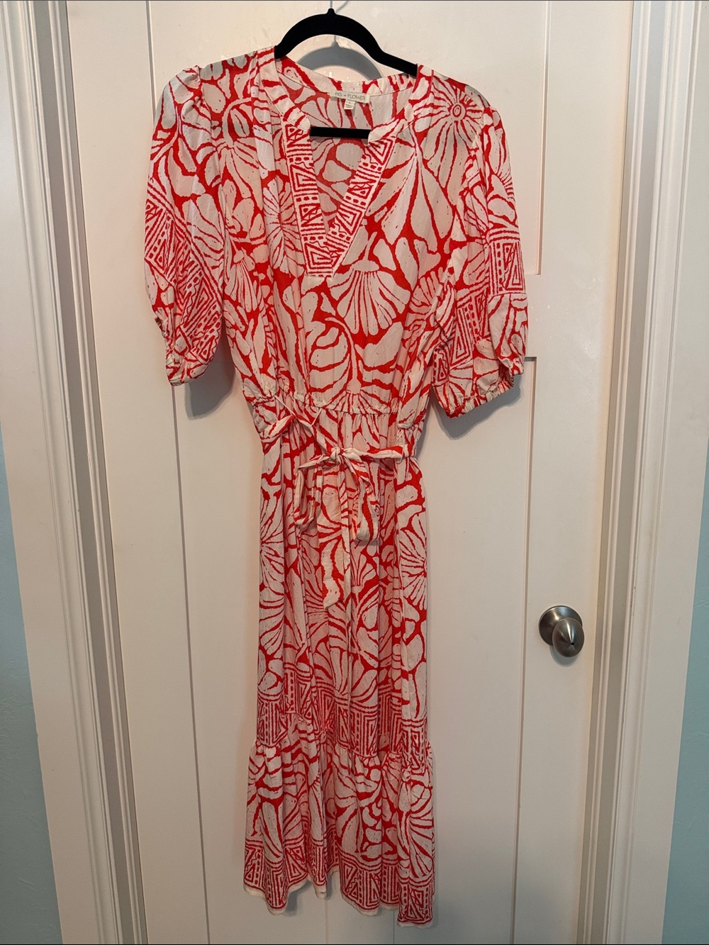 Fig and Flower Orange & White Floral Midi Dress with Tie Waist Resortwear Vacay - Picture 1 of 9